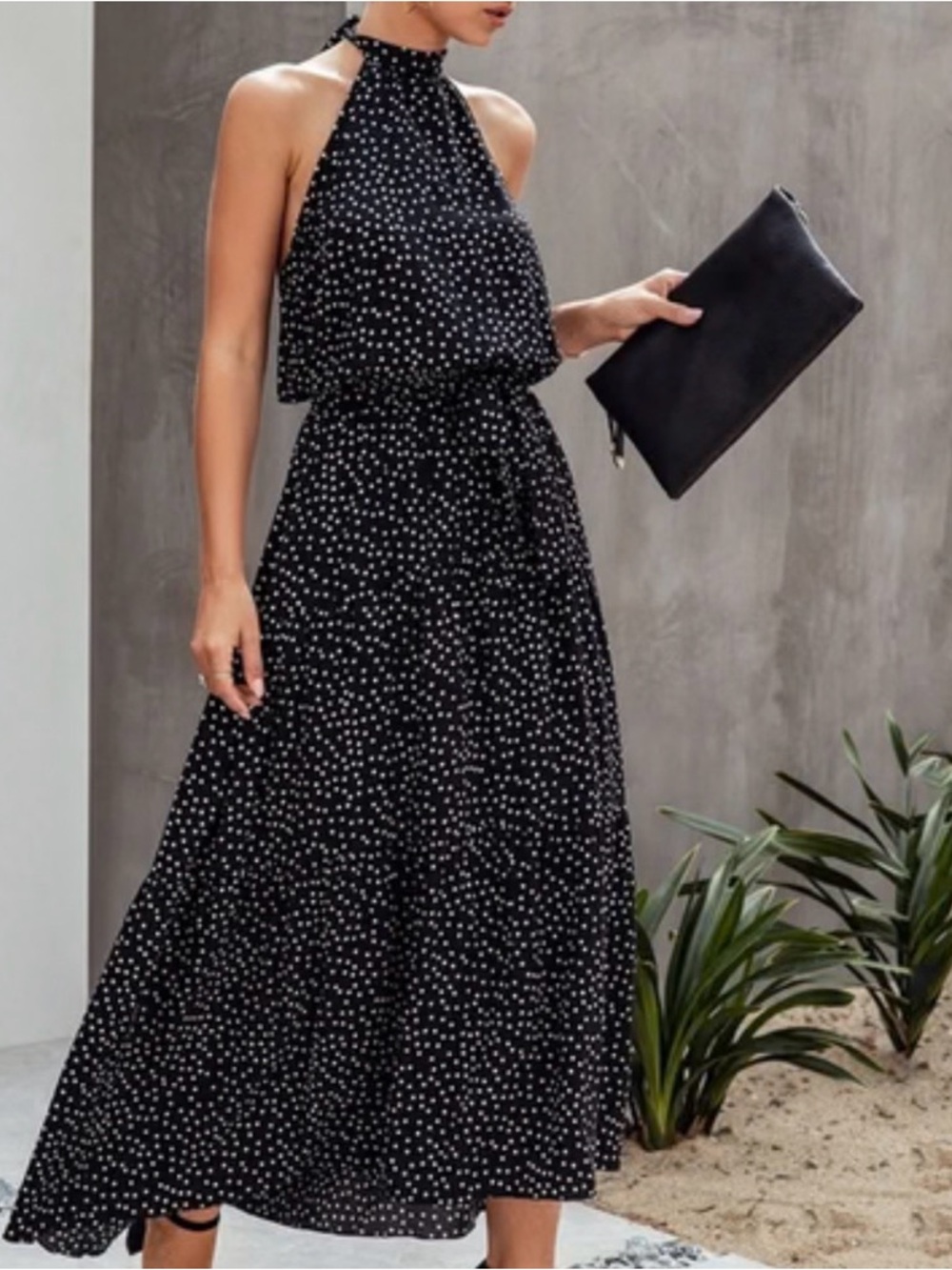 Elegant Black Polka Dot Halter Maxi Dress